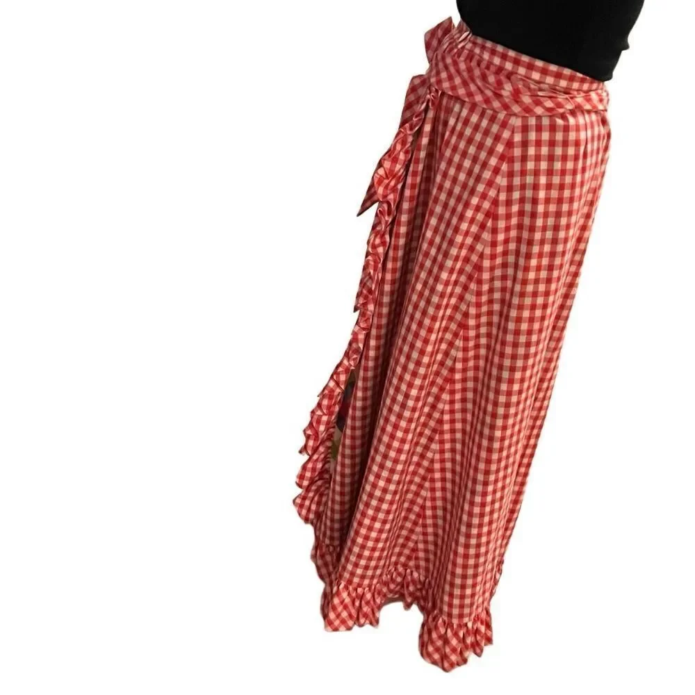 Vtg 70s Red Gingham Plaid Reversible High Waist Ruffle Wrap Full Maxi Skirt L